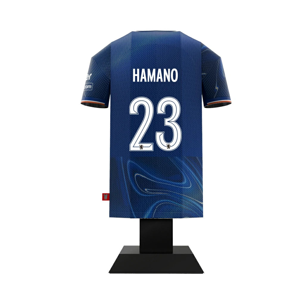 The back of a Chelsea FC Women 2024/2025 blue home jersey collectible, customized with the name HAMANO and the number 23.