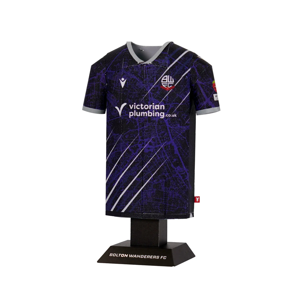 Purple sports jersey with branding on a mannequin against a white background