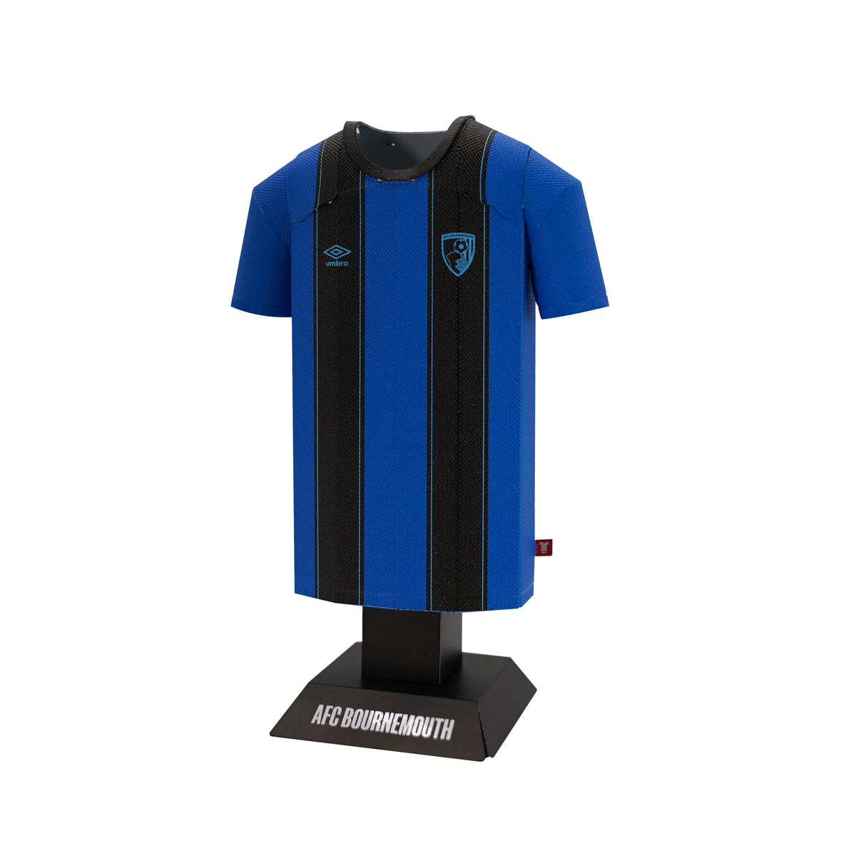 Blue and black striped sports jersey on a stand with 'AFC Bournemouth' branding.