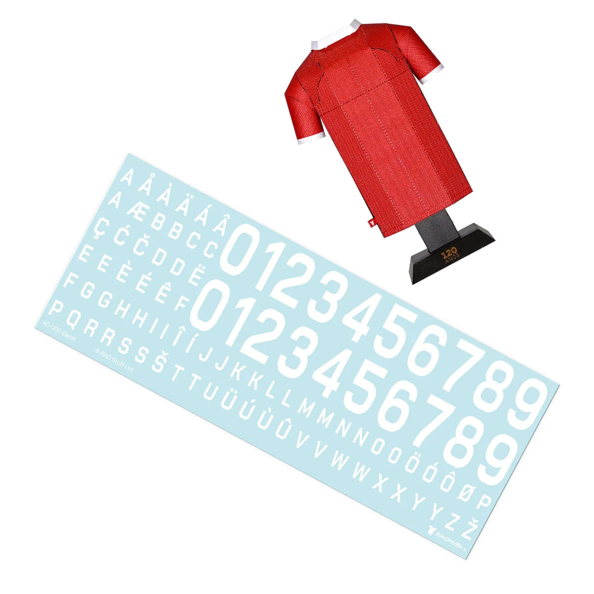 A customizable decal sheet featuring classic typography number sets matching the historical 1904 SL Benfica retro kit style, shown next to a red miniature jersey model