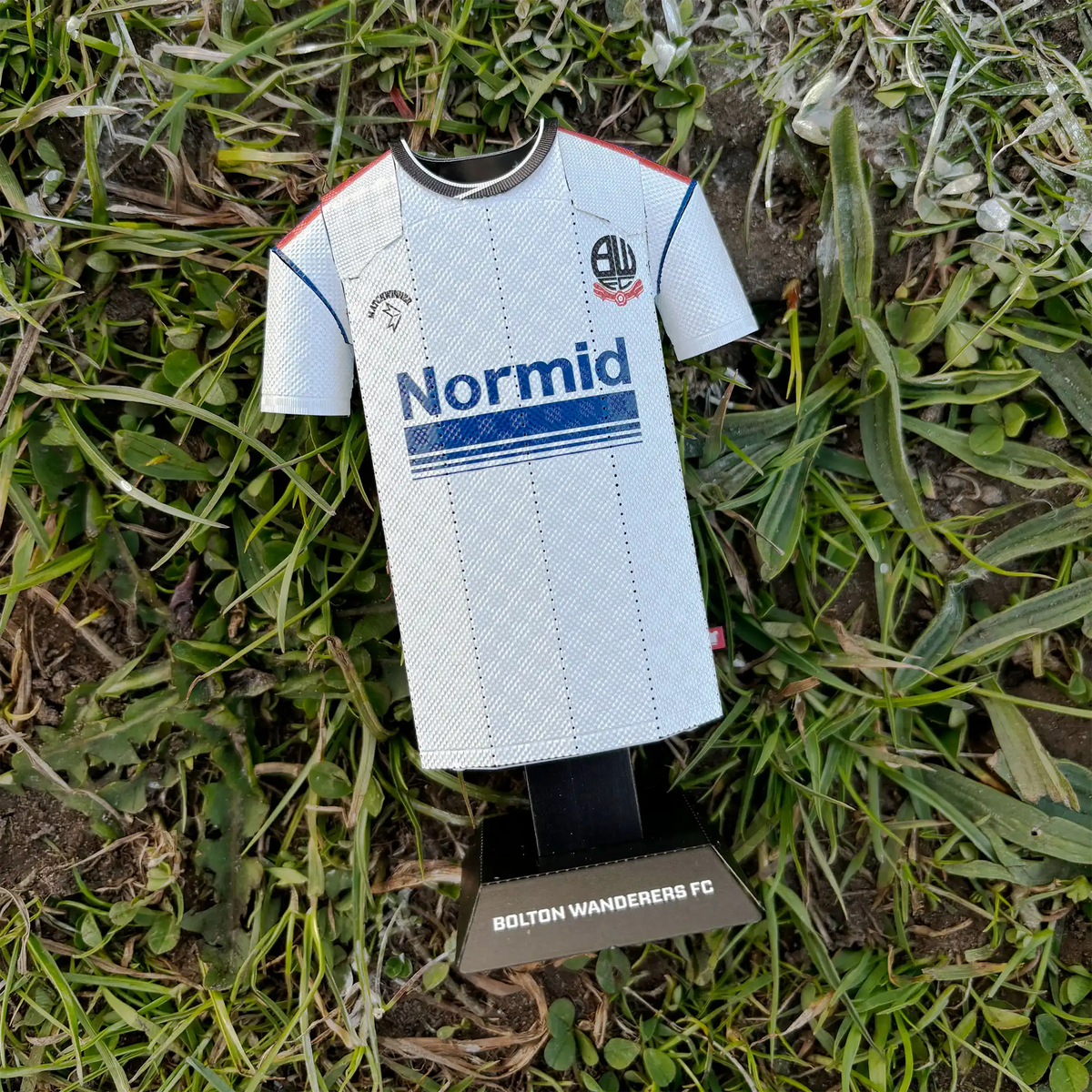 Square lifestyle product photograph showcasing a Bolton Wanderers FC 3D metal jersey collectible set styled in an outdoor setting.