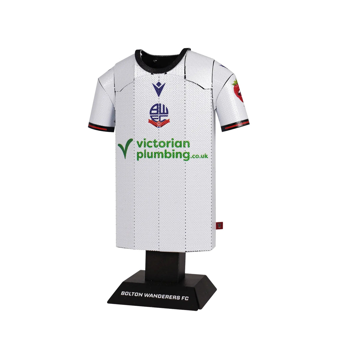 Model football shirt with branding on a white background