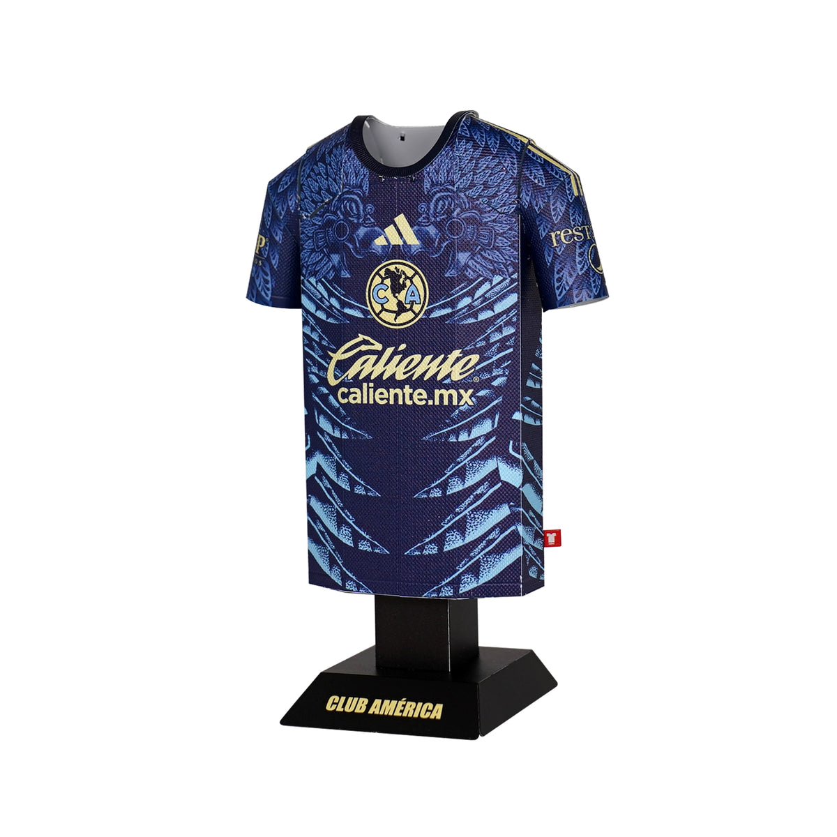 Blue soccer jersey with brand logos on a white background