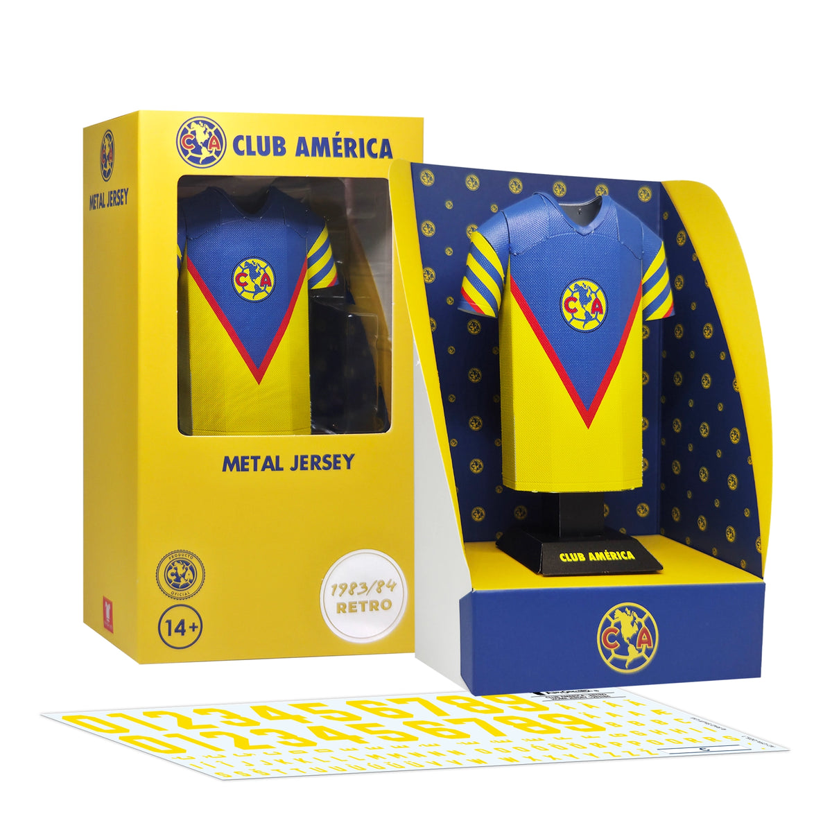 Club America metal jersey set in packaging with yellow and blue design