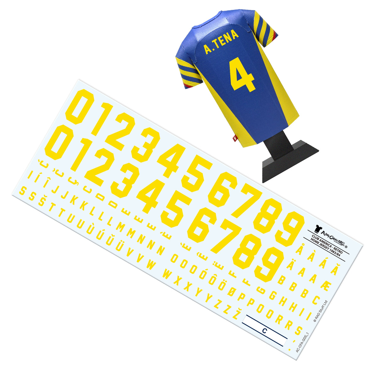 Yellow numbers and letters decal sheet with a blue and yellow sports jersey on a white background