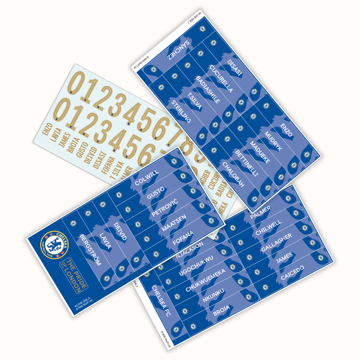 A product presentation displaying blue Chelsea FC themed miniature locker panels alongside white custom typography number sheets used for individual kit customization