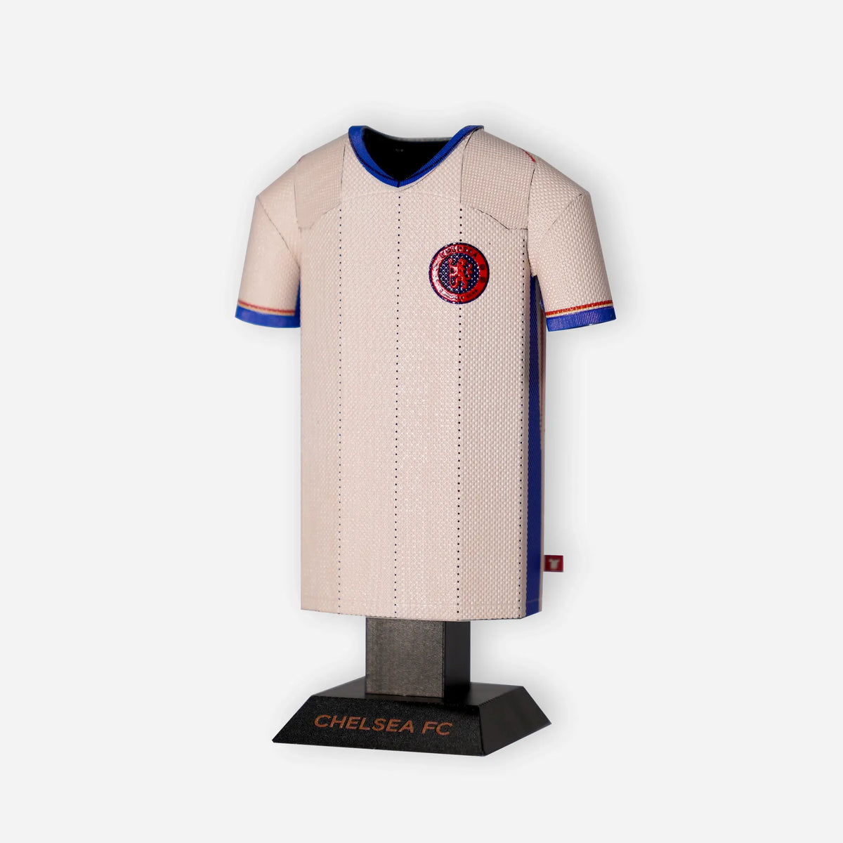 Model of a Chelsea FC jersey on a stand with a white background