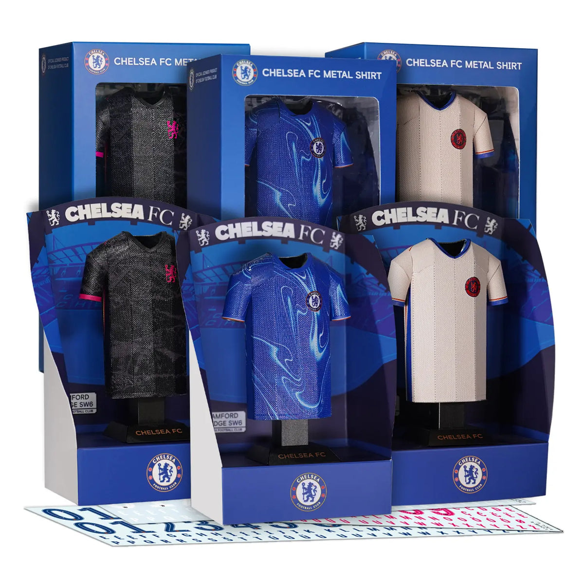 A product bundle display showing a collection of Chelsea FC 2024/2025 3D metal jersey collectibles (Home, Away, and Third kits) alongside their custom display boxes and typography decal sheets.