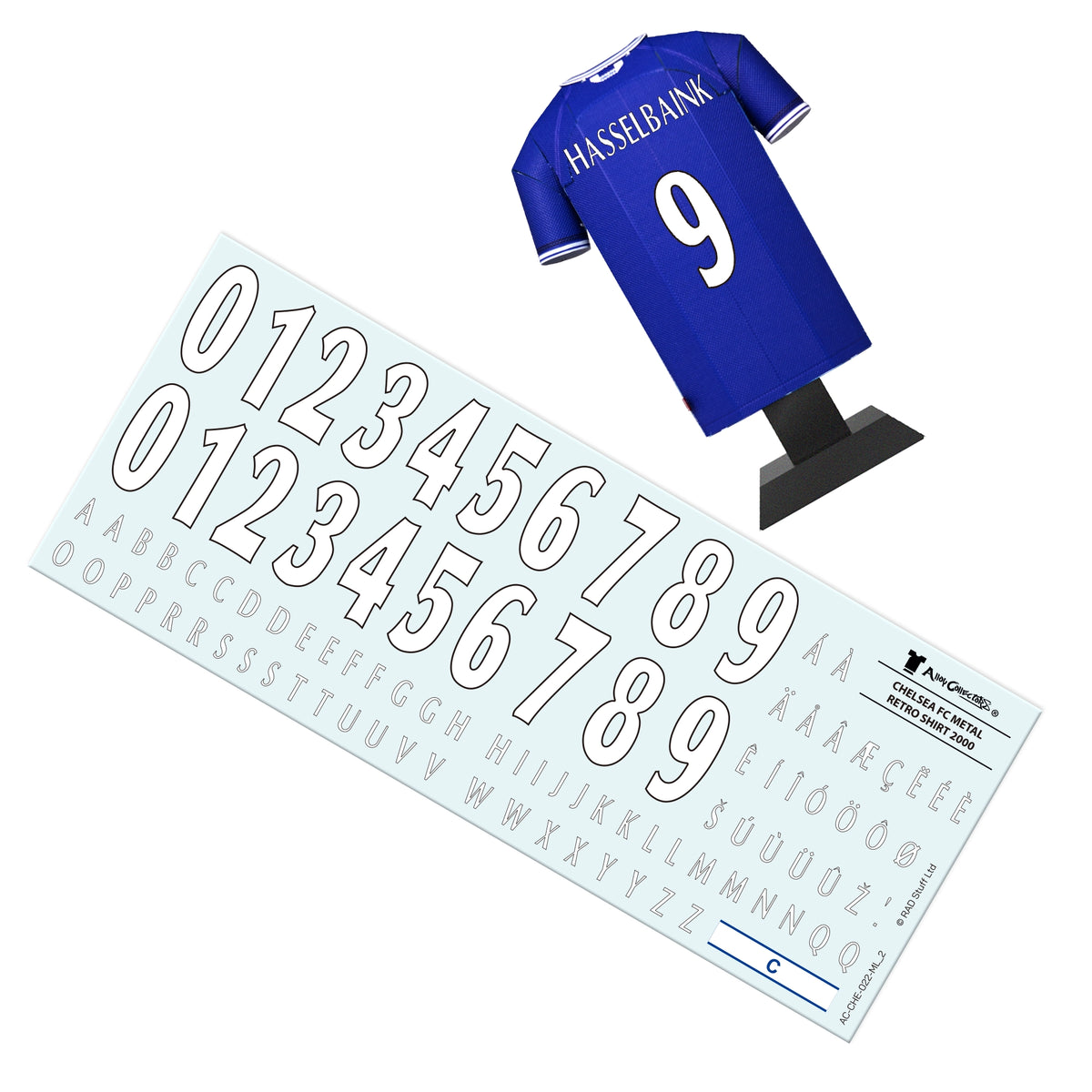 Blue sports jersey with number 9 and a sheet of white stickers on a white background