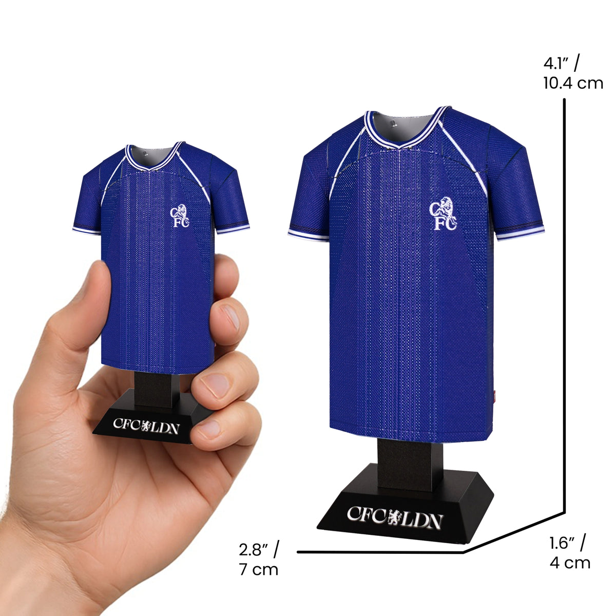 Blue sports jersey with 'CFC' branding held by a hand, displayed on a white background.