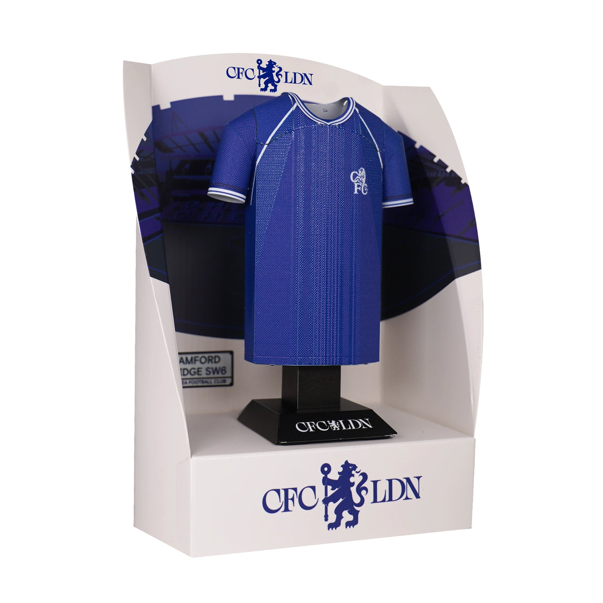 Blue sports jersey displayed in a branded packaging with CFC LDN logo.