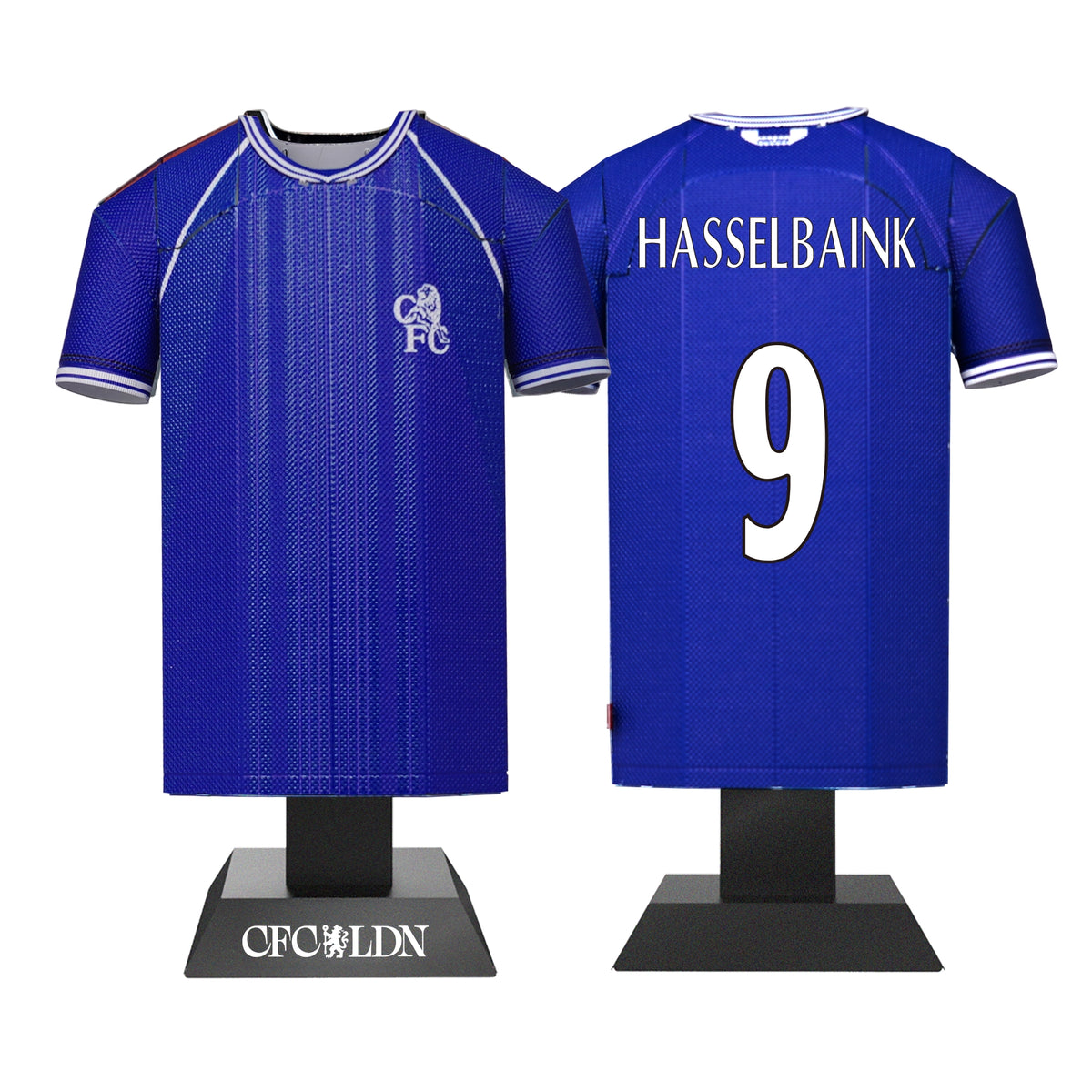Blue sports jersey with 'Hasselbaink' and number '9' on a white background