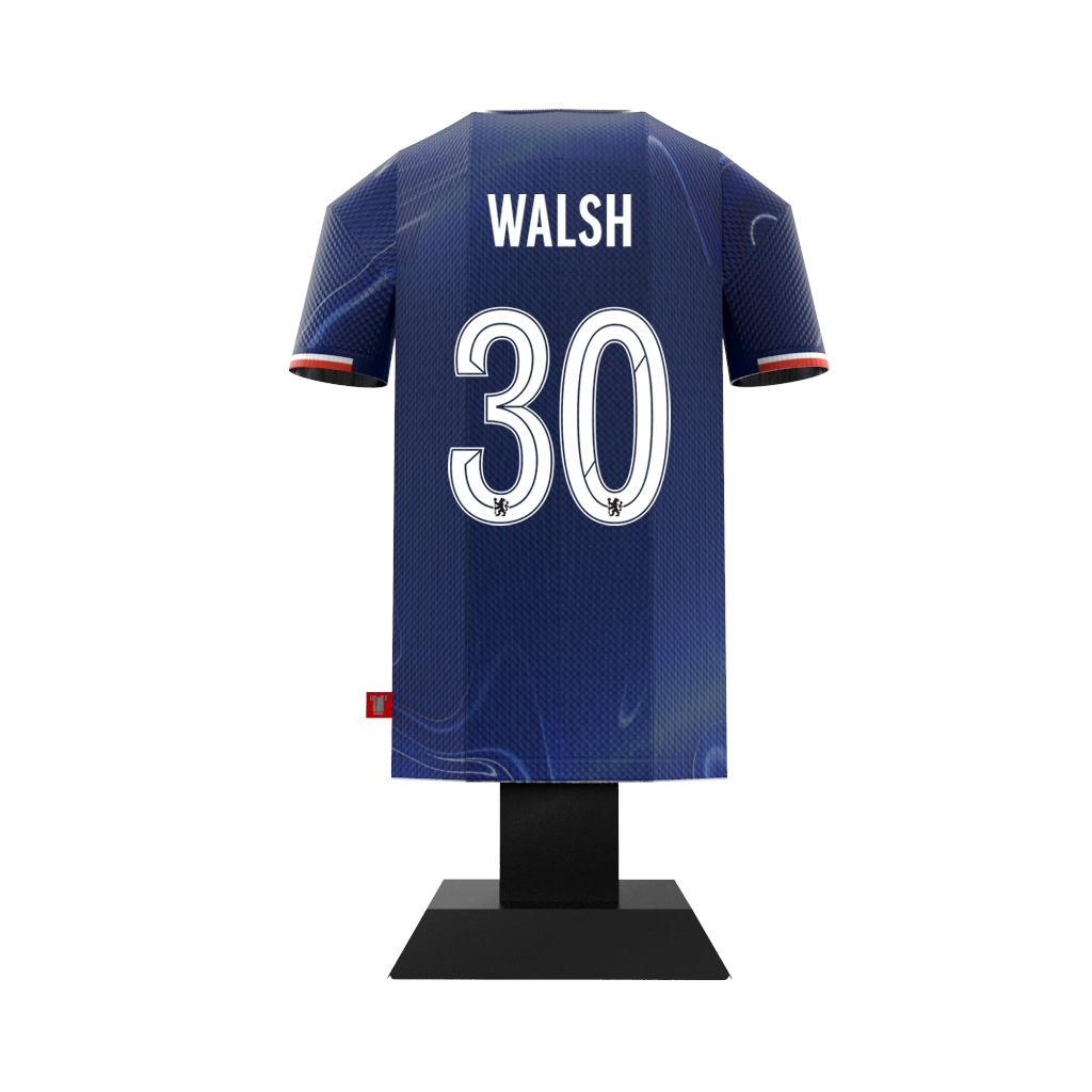 "The back of a Chelsea FC 2024/2025 blue home jersey collectible, customized with the name WALSH and the number 30.