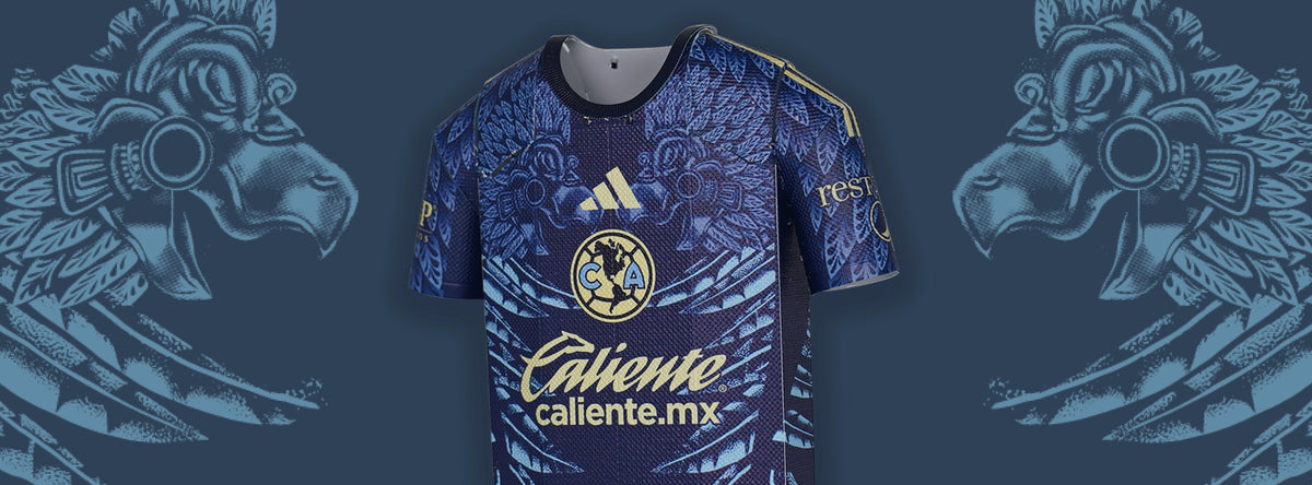 Blue sports jersey with brand logos on a dark blue background with tribal designs.