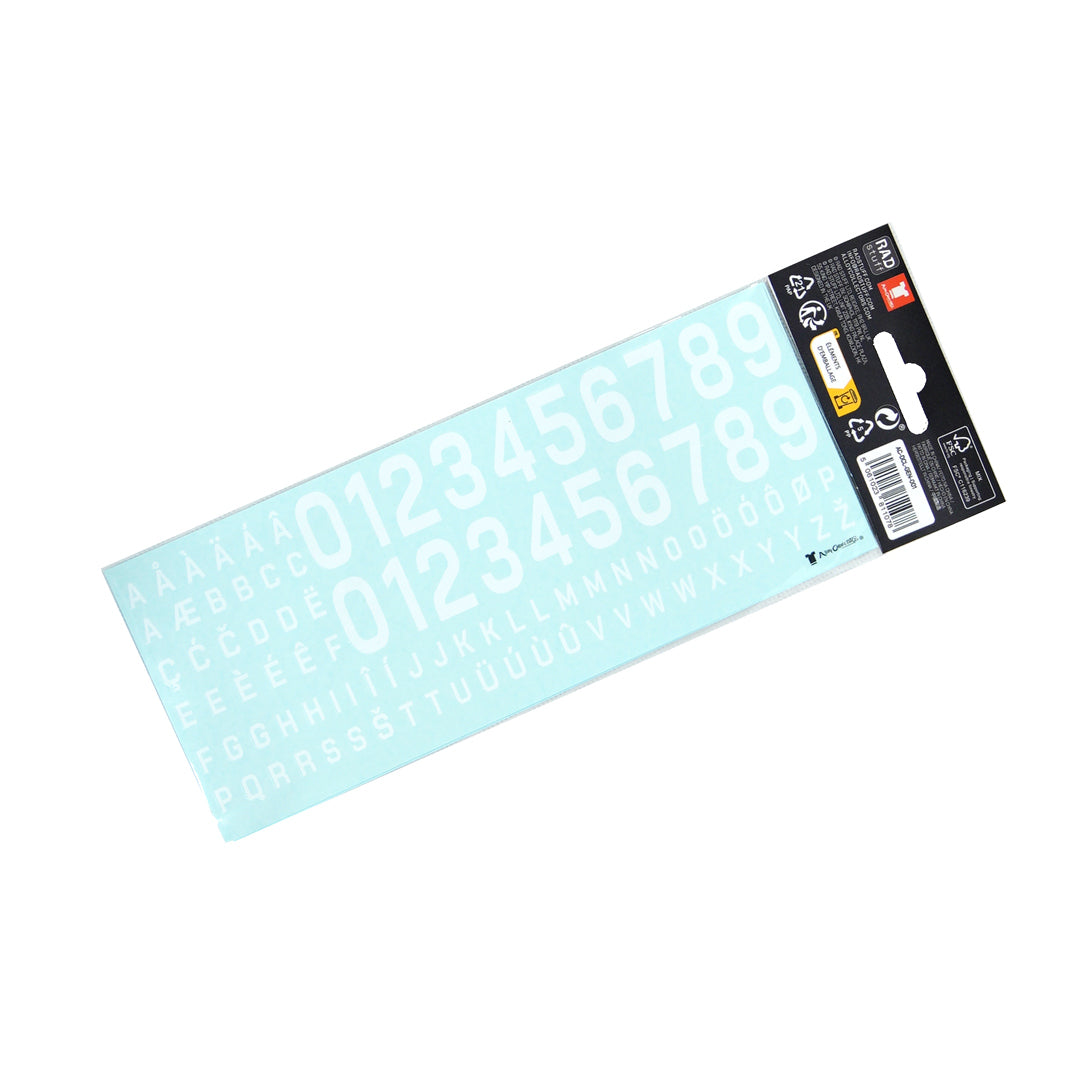 A product photograph showcasing a single light blue typography sheet containing custom name and number decals for jersey customization
