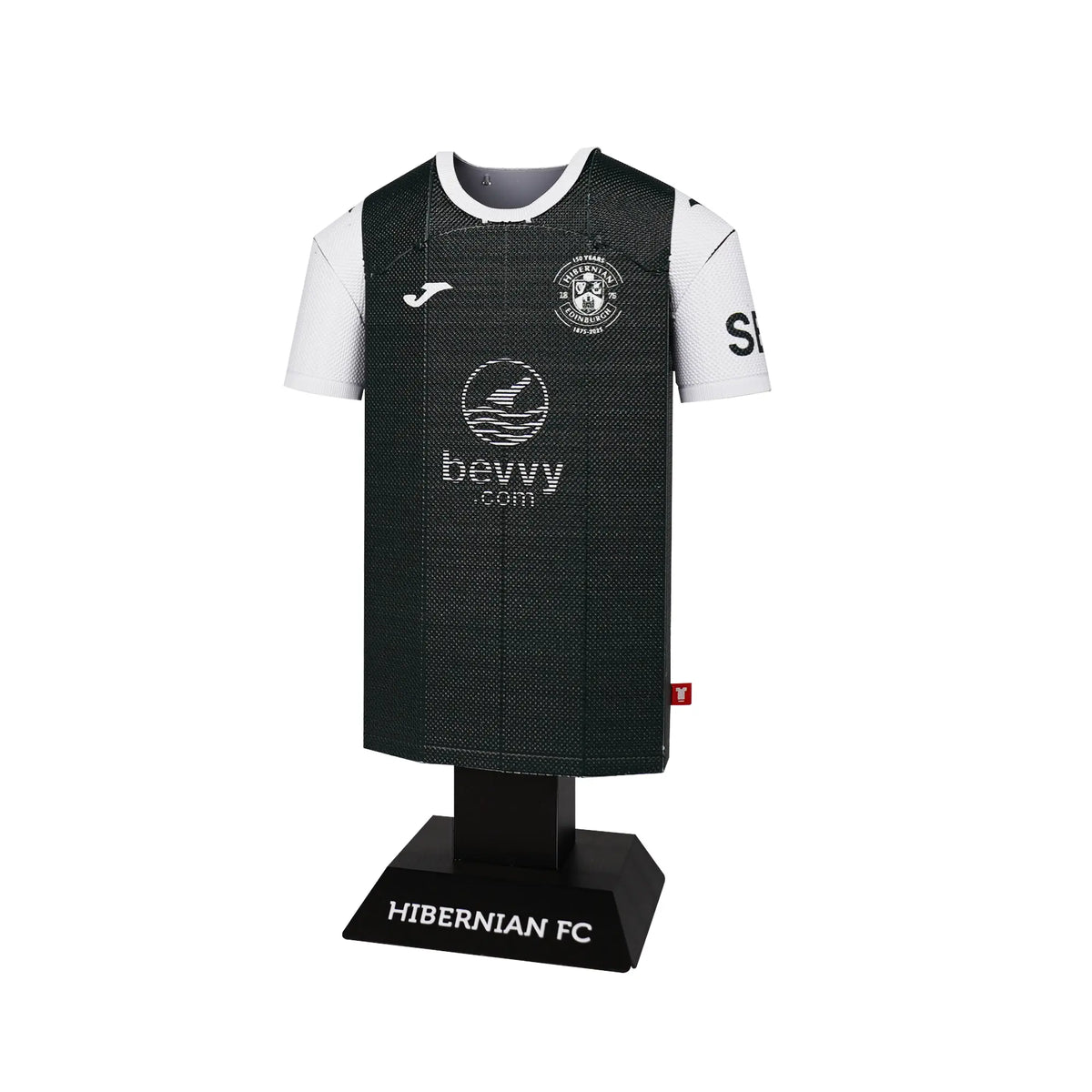 Black and white sports jersey on a mannequin with 'Hibernian FC' branding.