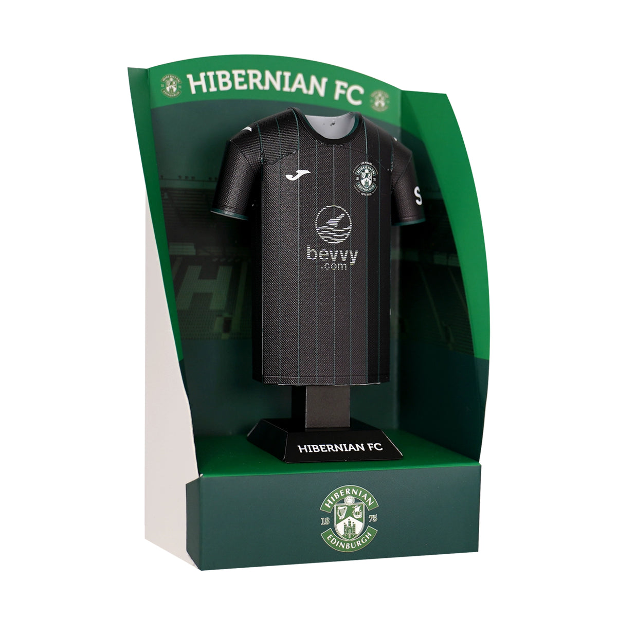Black sports jersey in a green Hibernian FC display box