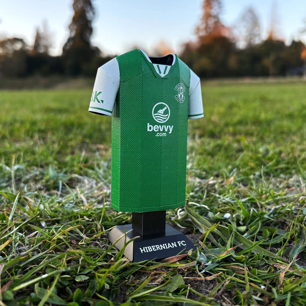 Square lifestyle product photograph showcasing the Hibernian FC 3D metal jersey collectible set displayed outdoors.