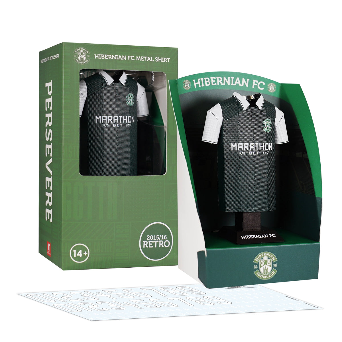 A product set display showing the 3D metal Hibernian FC 2015-2016 retro home jersey collectible alongside its custom display box and vintage decal sheet.