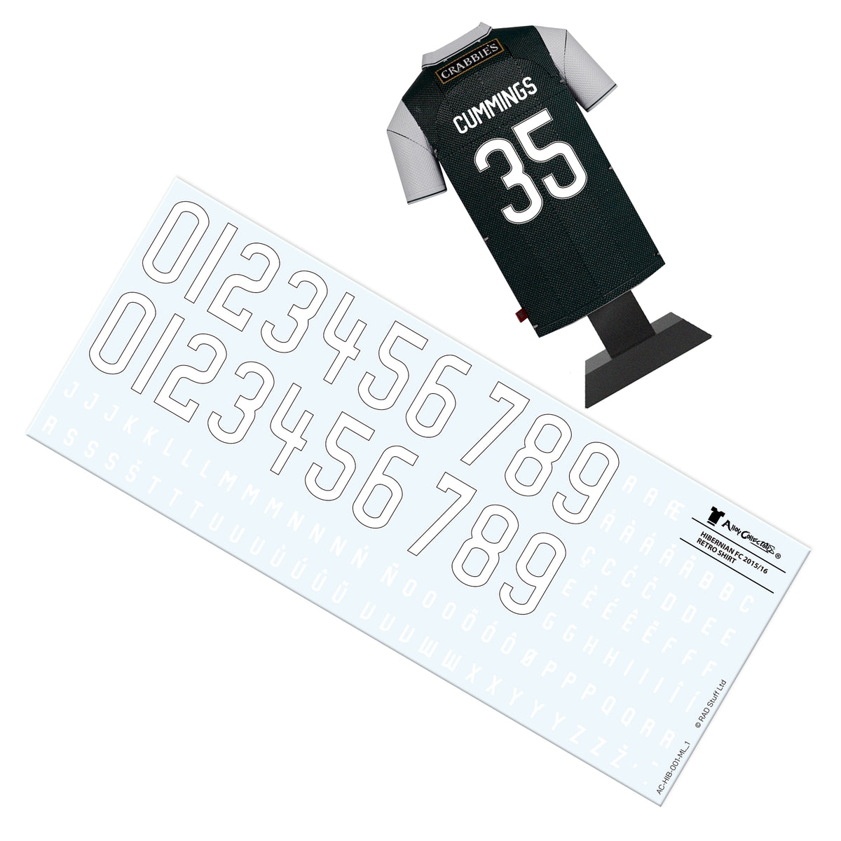 A retro decal sheet featuring a collection of numbers matching the vintage typography of the Hibernian FC 2015-2016 home kit.