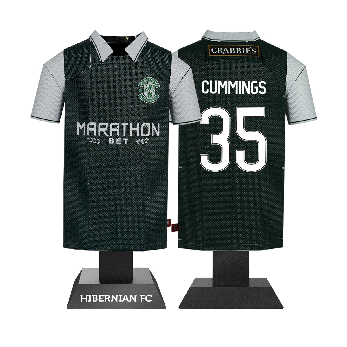 A 3D metal collectible set showing both the front and back views of the classic Hibernian FC 2015-2016 retro green and white home jersey.