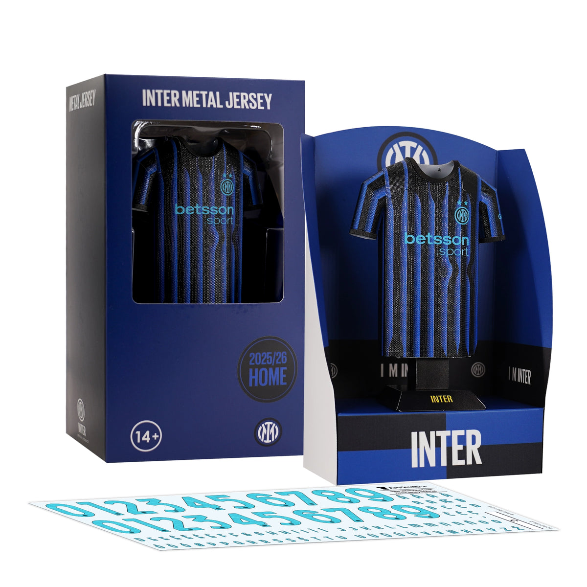Inter Milan sports jersey packaging with jersey and accessories on a white background