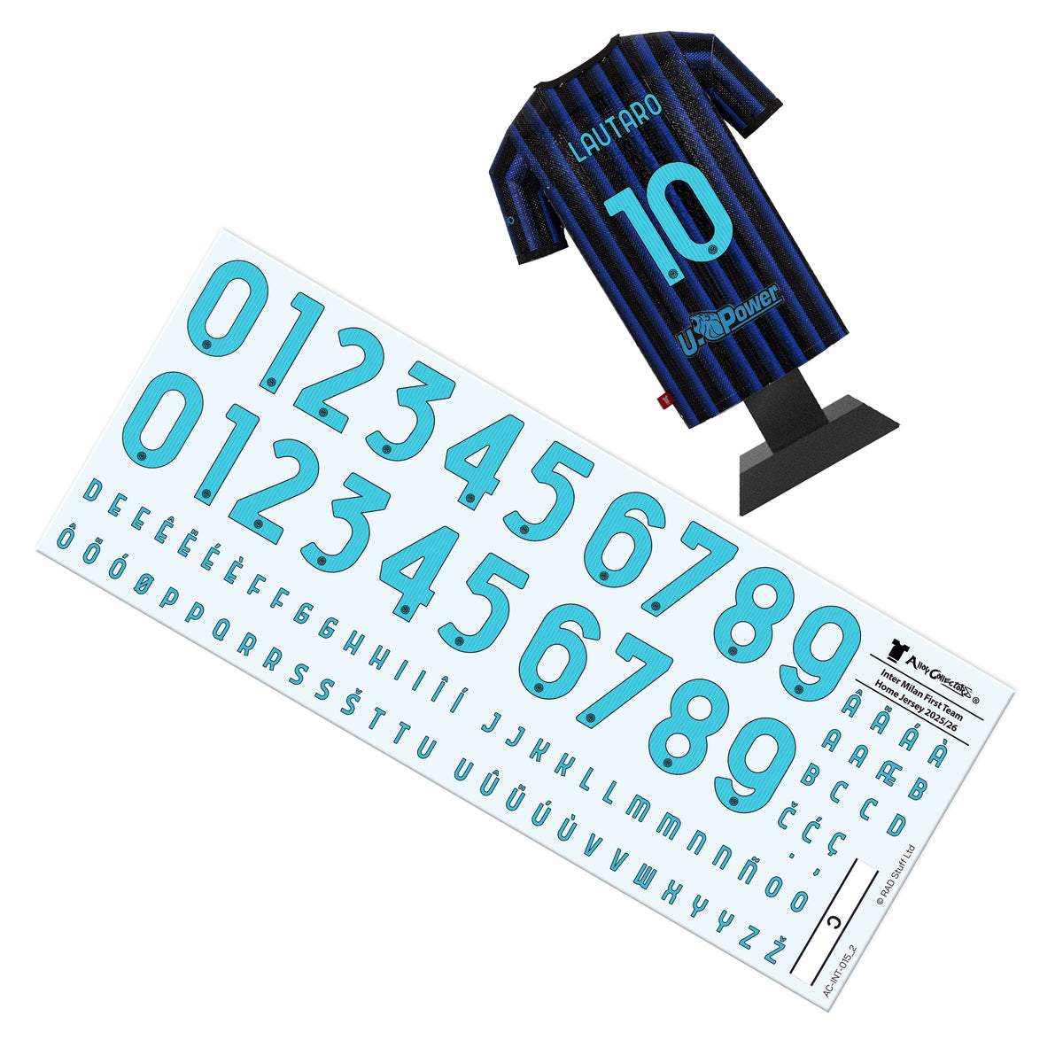 Decal sheet with numbers and letters on a white background, featuring a sports jersey with a number 10.