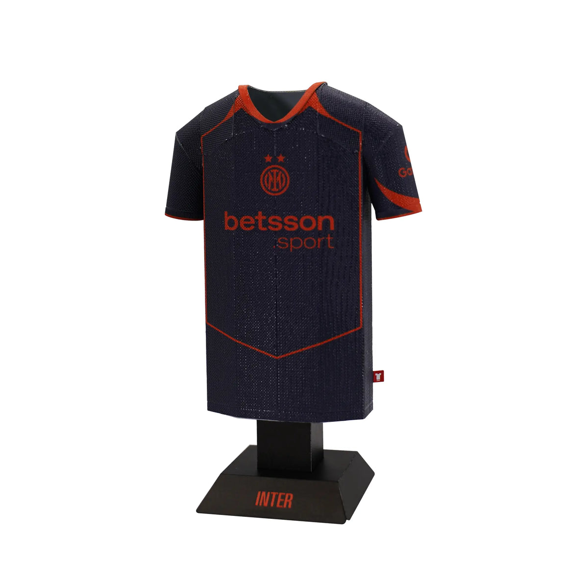 Black sports jersey with red accents on a mannequin against a white background