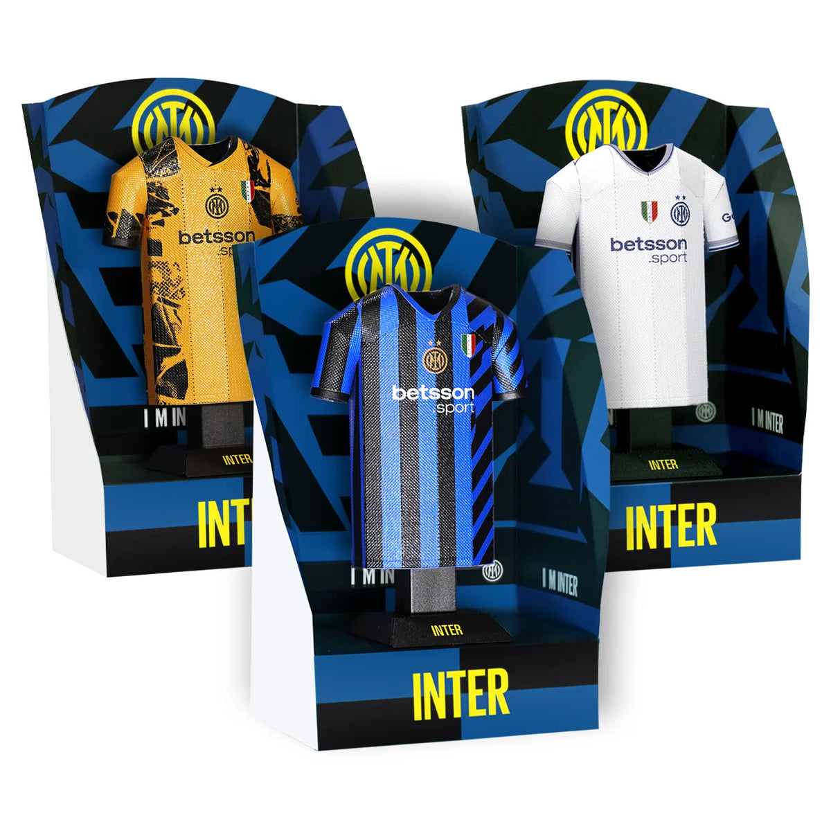 A premium product bundle display showing a collection of Inter Milan 3D metal jersey collectibles in their respective display boxes.