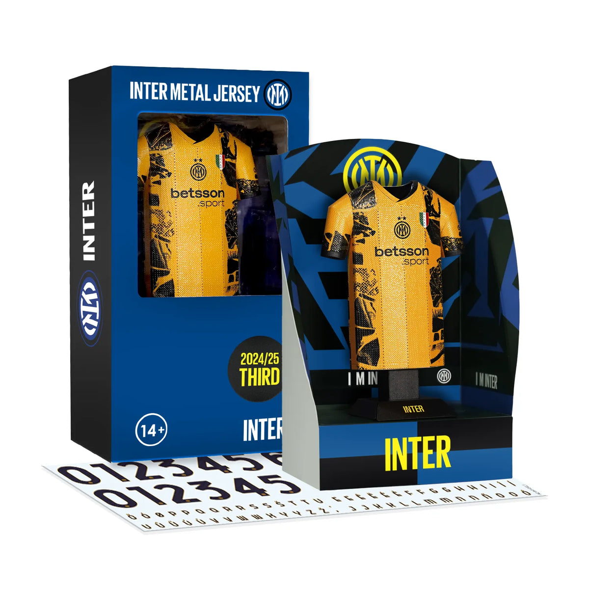 A product set display showing the 3D metal Inter Milan 2024/2025 yellow third jersey collectible alongside its custom display box and typography decal sheet.