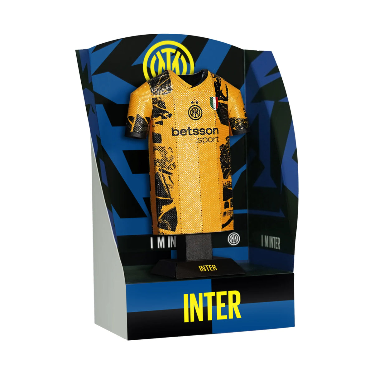 An Inter Milan 2024/2025 yellow third jersey 3D metal collectible presented inside a premium black display box with clear casing.