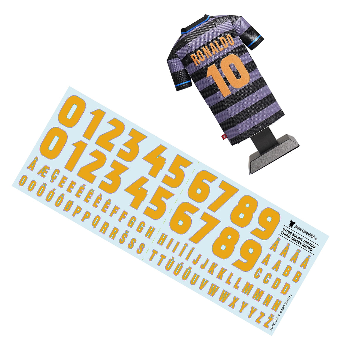 A retro decal sheet featuring a collection of vintage numbers for the Inter Milan third jersey collectible, set against a background graphic.