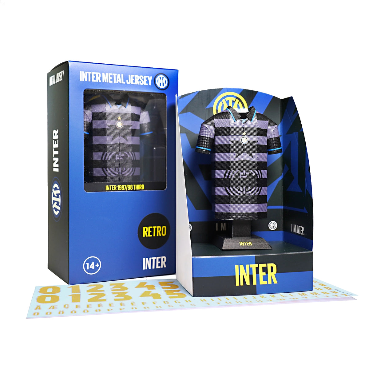 A product set display showing a retro Inter Milan third kit 3D metal jersey collectible alongside its custom display box and vintage typography decal sheet.