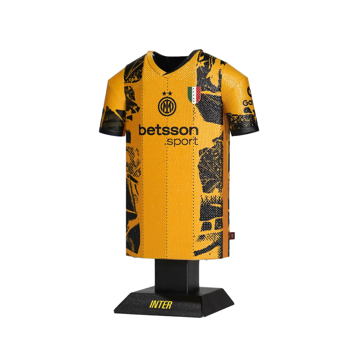 Yellow sports jersey with black patterns on a mannequin against a white background