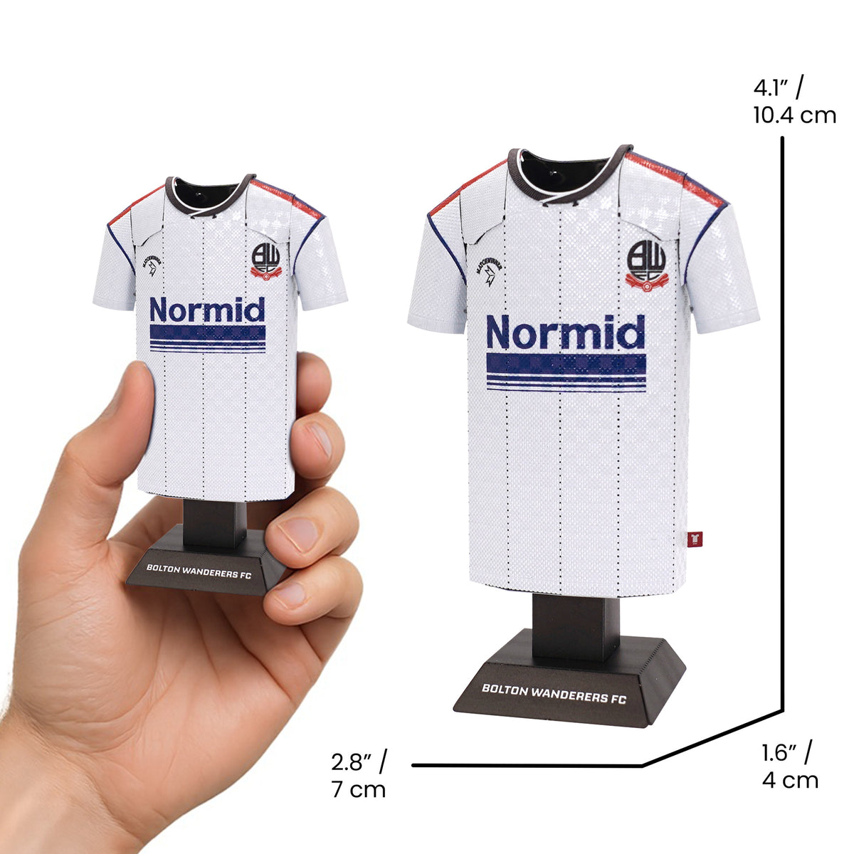 Model of Bolton Wanderers FC shirt held by a hand with dimensions displayed.
