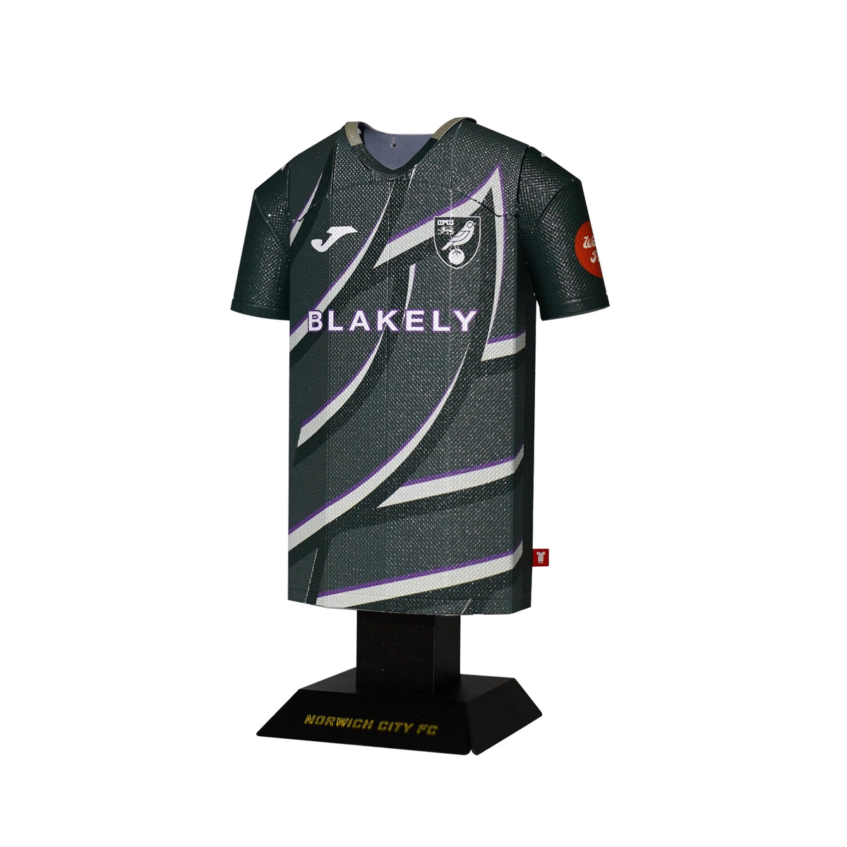 Black sports jersey with white and purple accents on a mannequin against a white background