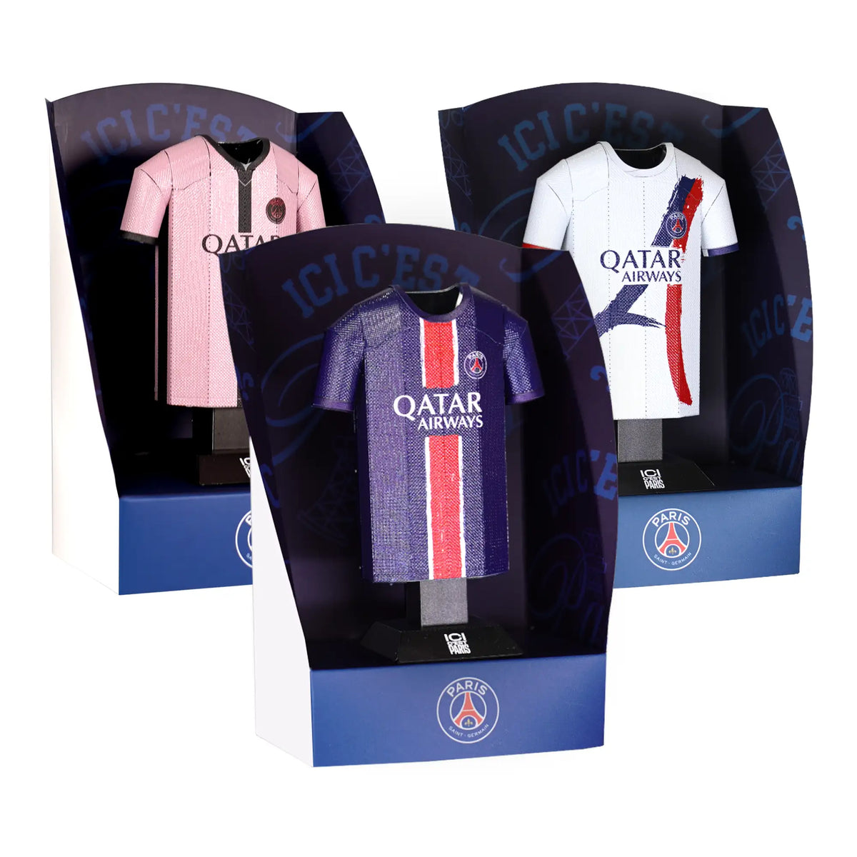 Three soccer jerseys in packaging with Qatar Airways branding on a white background