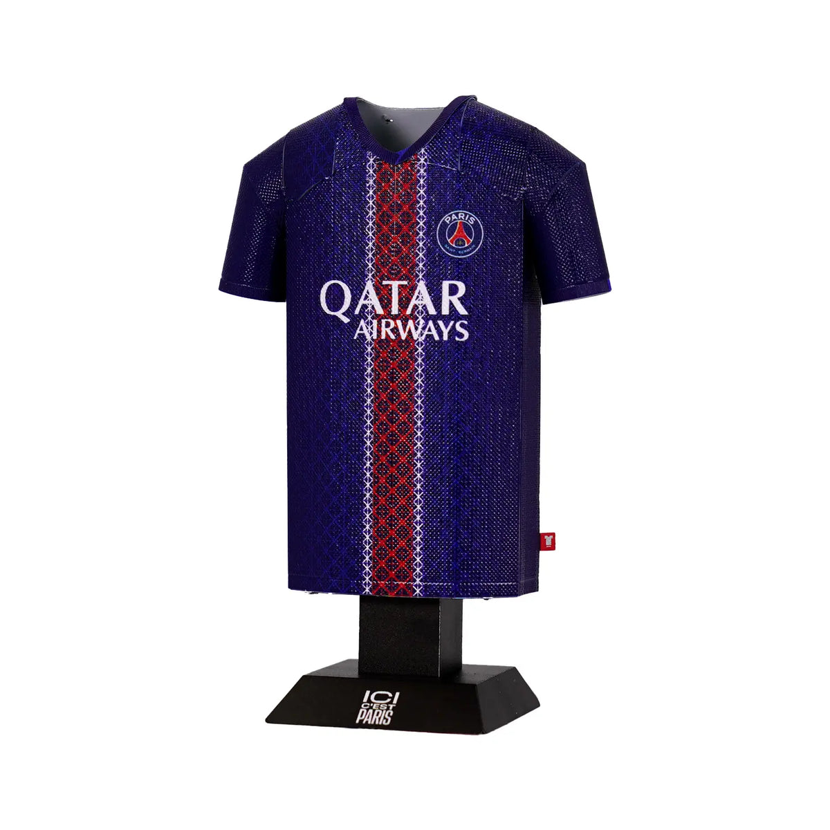 Blue sports jersey with Qatar Airways logo on a black stand against a white background
