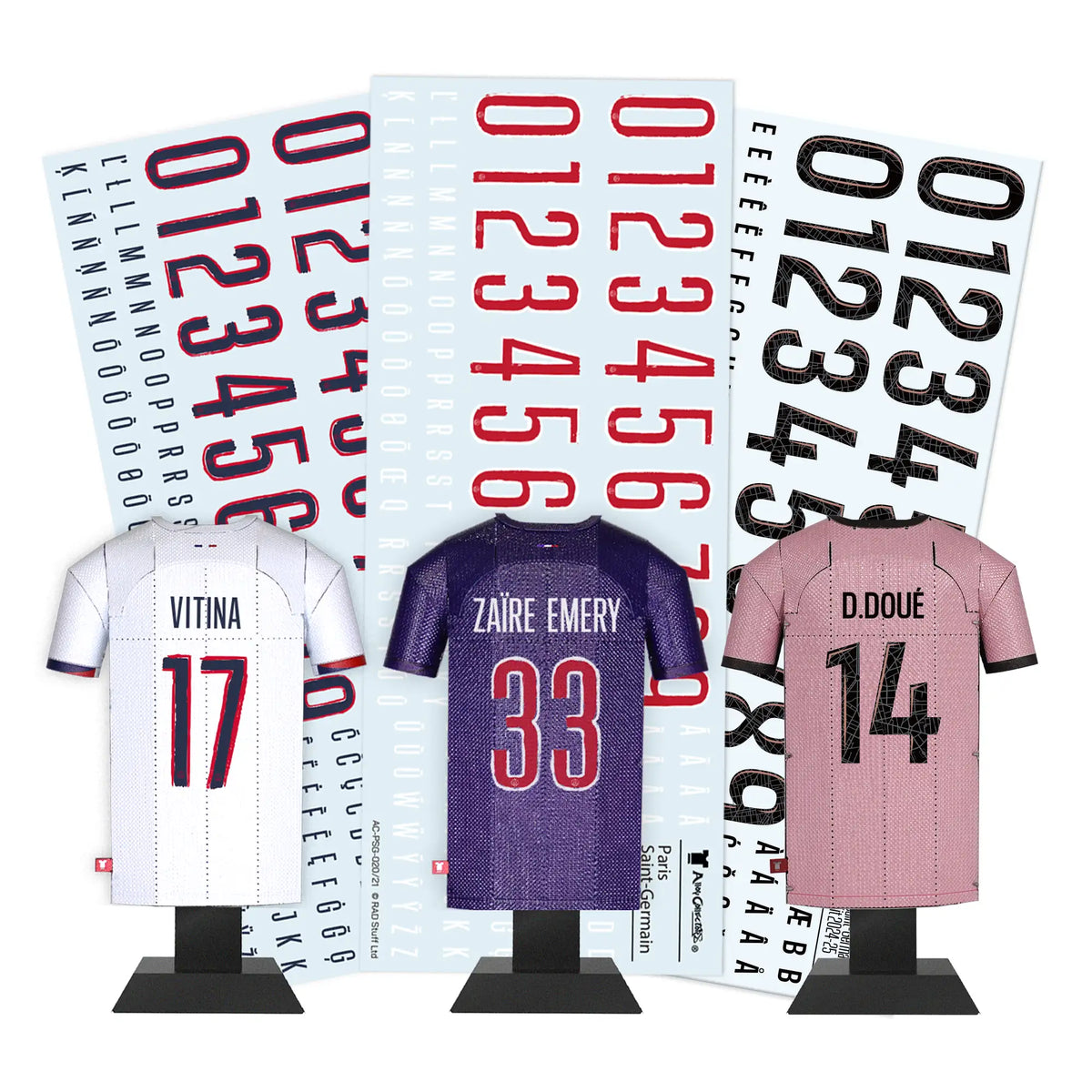 Three sports jerseys on stands with visible names and numbers against a white background