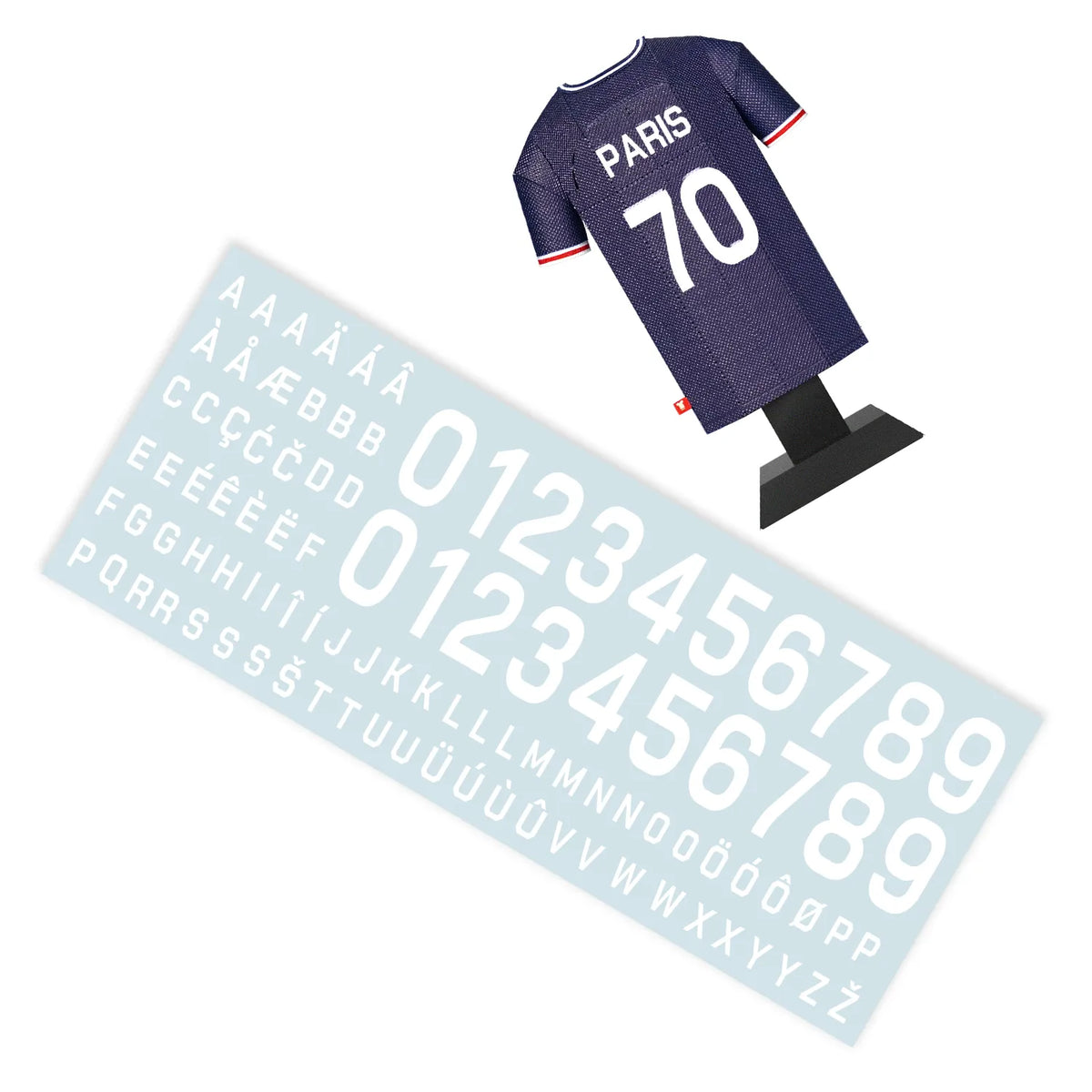 A retro decal sheet featuring a collection of numbers matching the vintage typography of a classic Paris Saint-Germain kit.