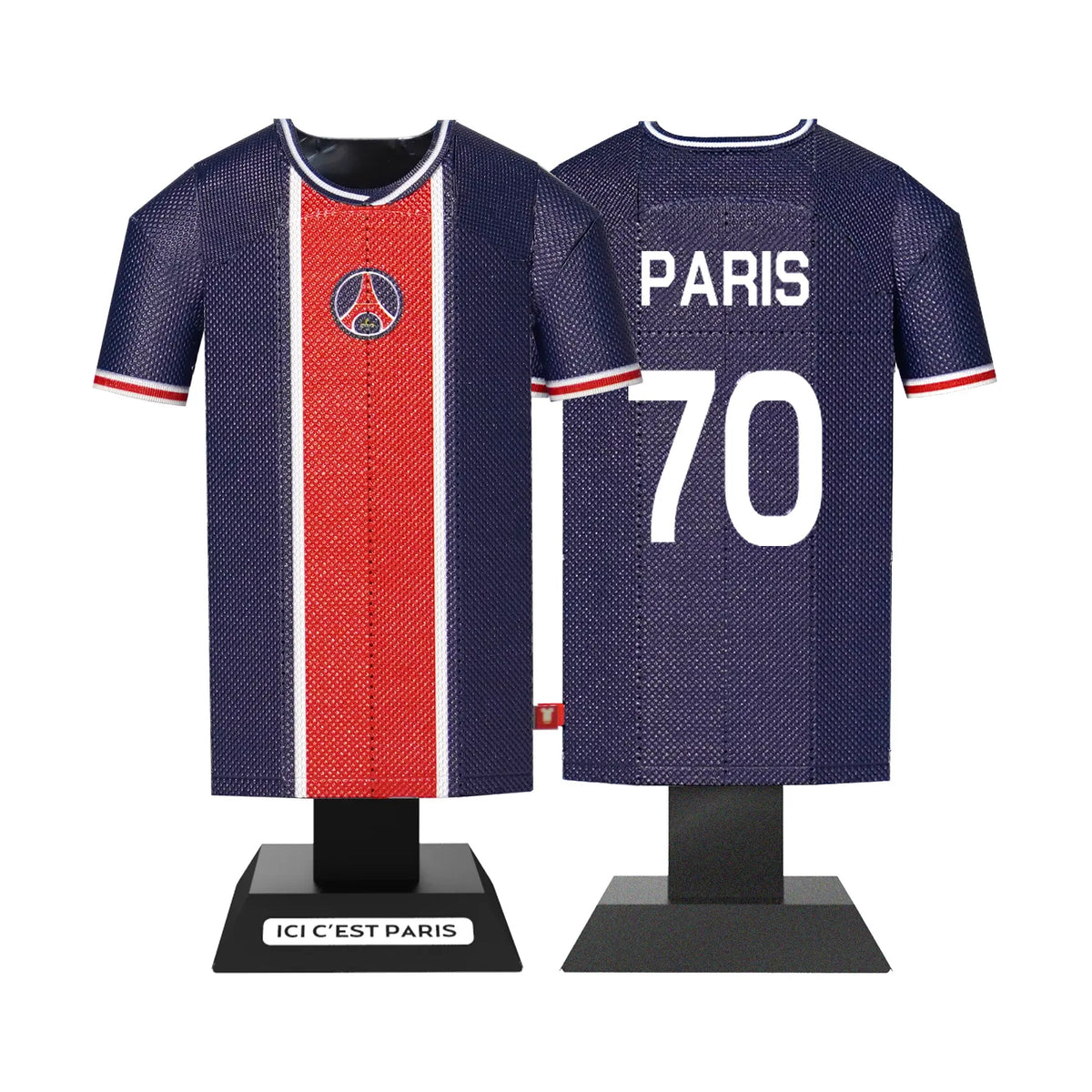A 3D metal collectible set showing both the front and back views of a classic retro Paris Saint-Germain jersey.