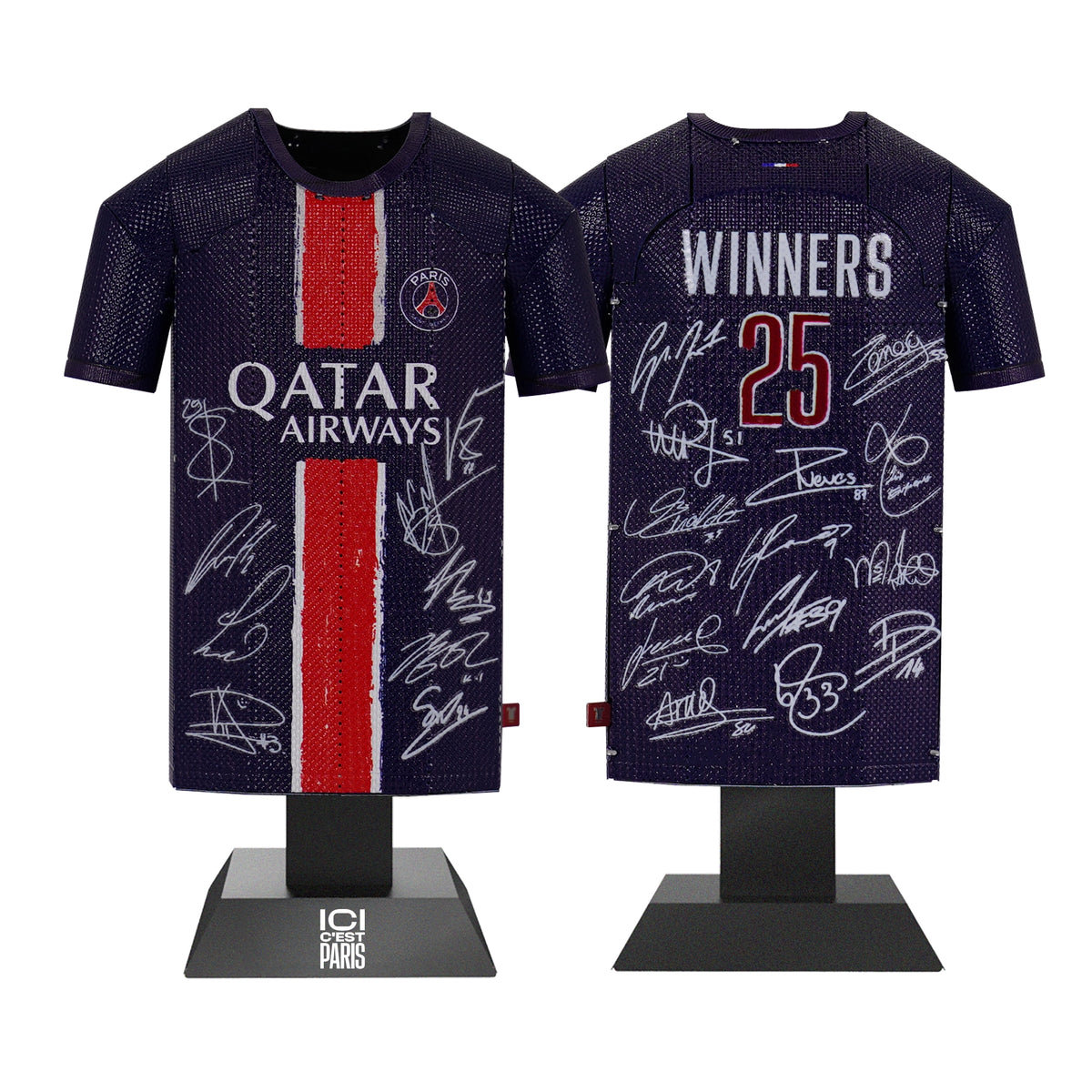 Two sports jerseys on mannequins with visible branding and text.