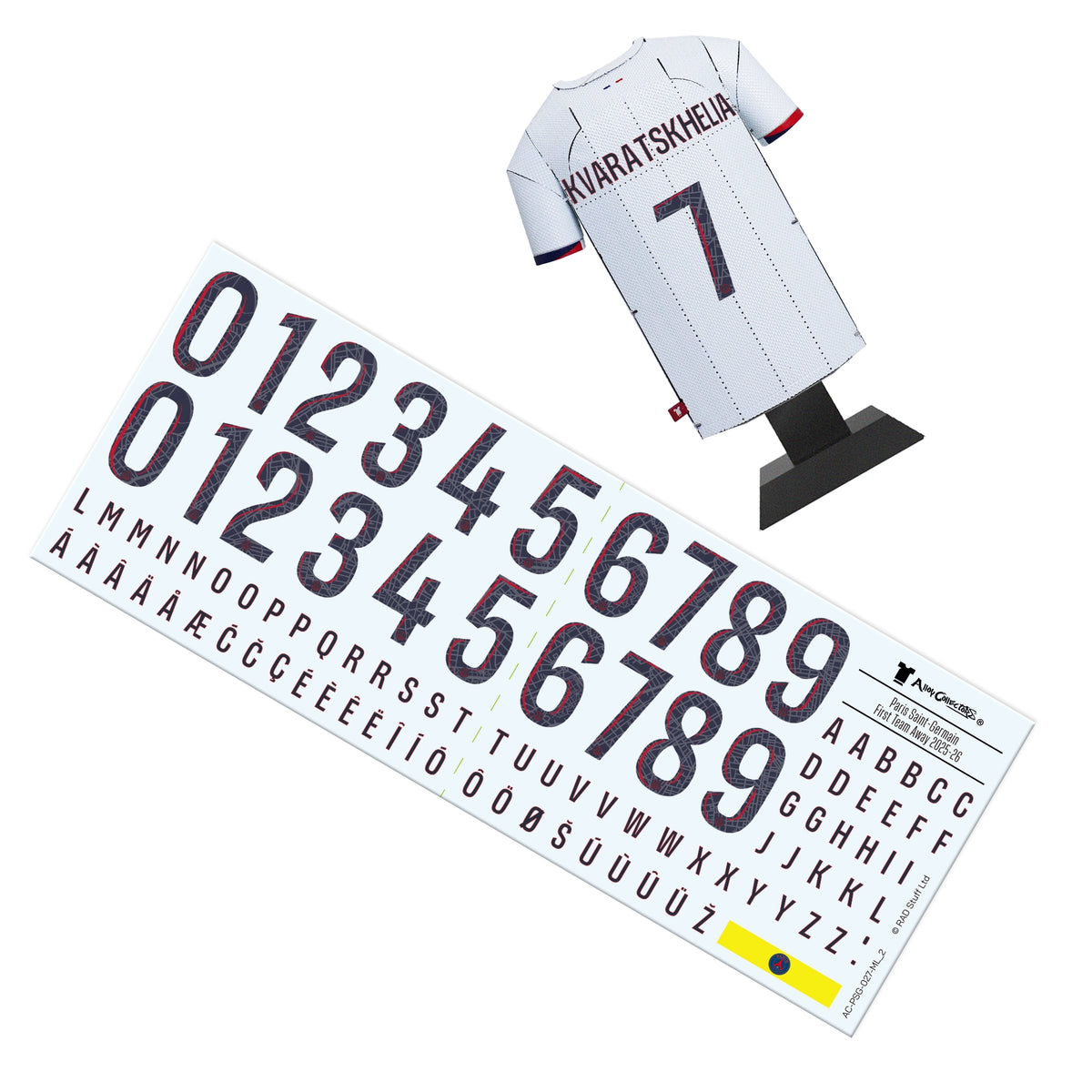 White sports jersey with red accents and a number 7, next to a set of printed letters and numbers on a white background.