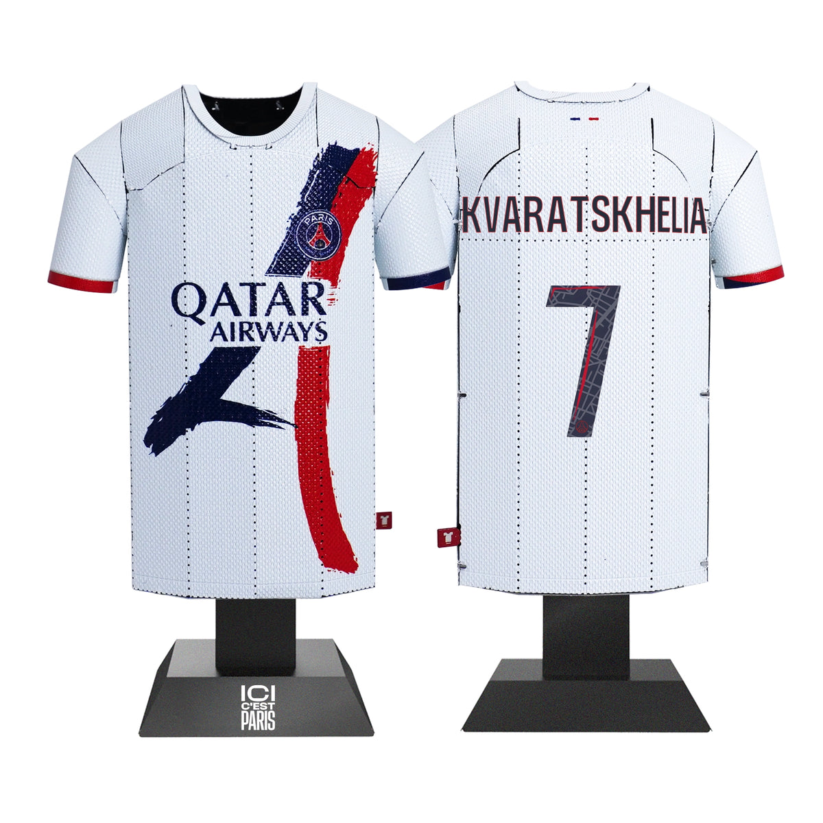 White sports jersey with Qatar Airways logo and player name and number on a mannequin stand.