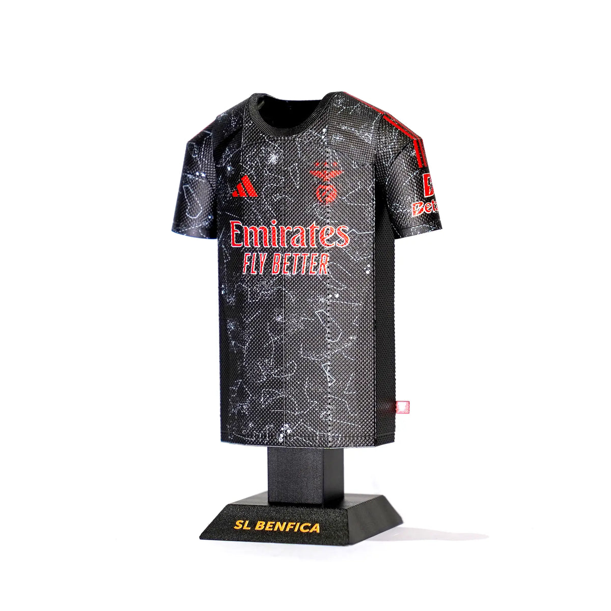 Black sports jersey with red and white text on a mannequin against a white background