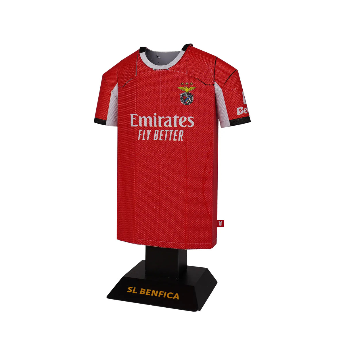 Red sports jersey with branding on a white background