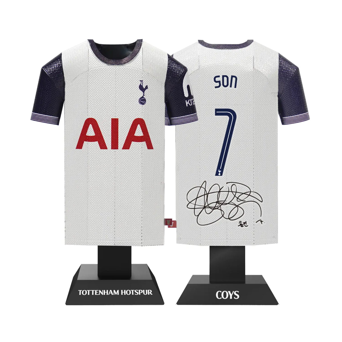 A 3D metal collectible set showing both the front and back views of a Tottenham Hotspur 2024/2025 white home jersey, featuring the name Son, the number 7, and a printed digital signature on the back.