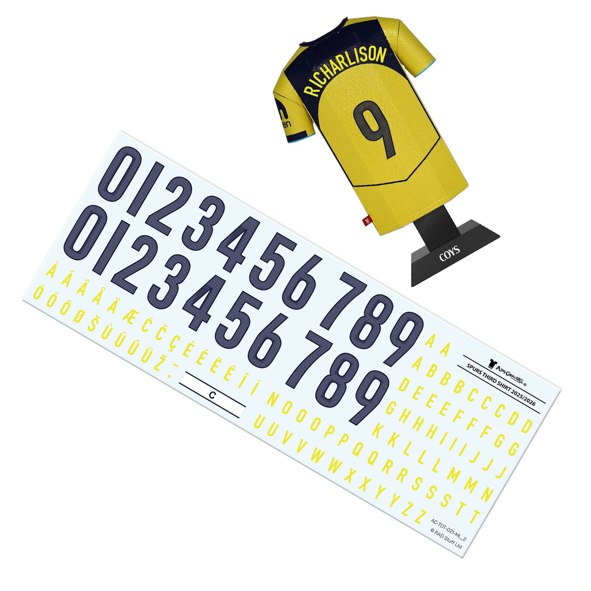 Sticker sheet with numbers and letters, and a sports jersey with 'Richardson' and number '9'.