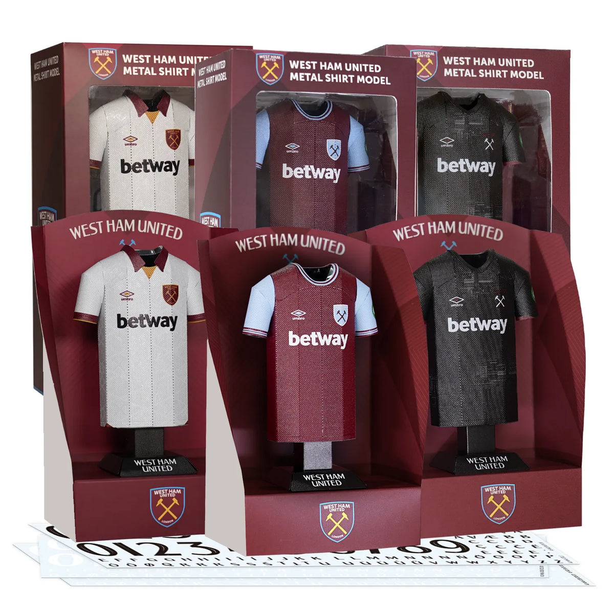 A product bundle display showing a collection of West Ham United FC 2024/2025 3D metal jersey collectibles (Home, Away, and Third kits) alongside their custom display boxes and typography decal sheets.