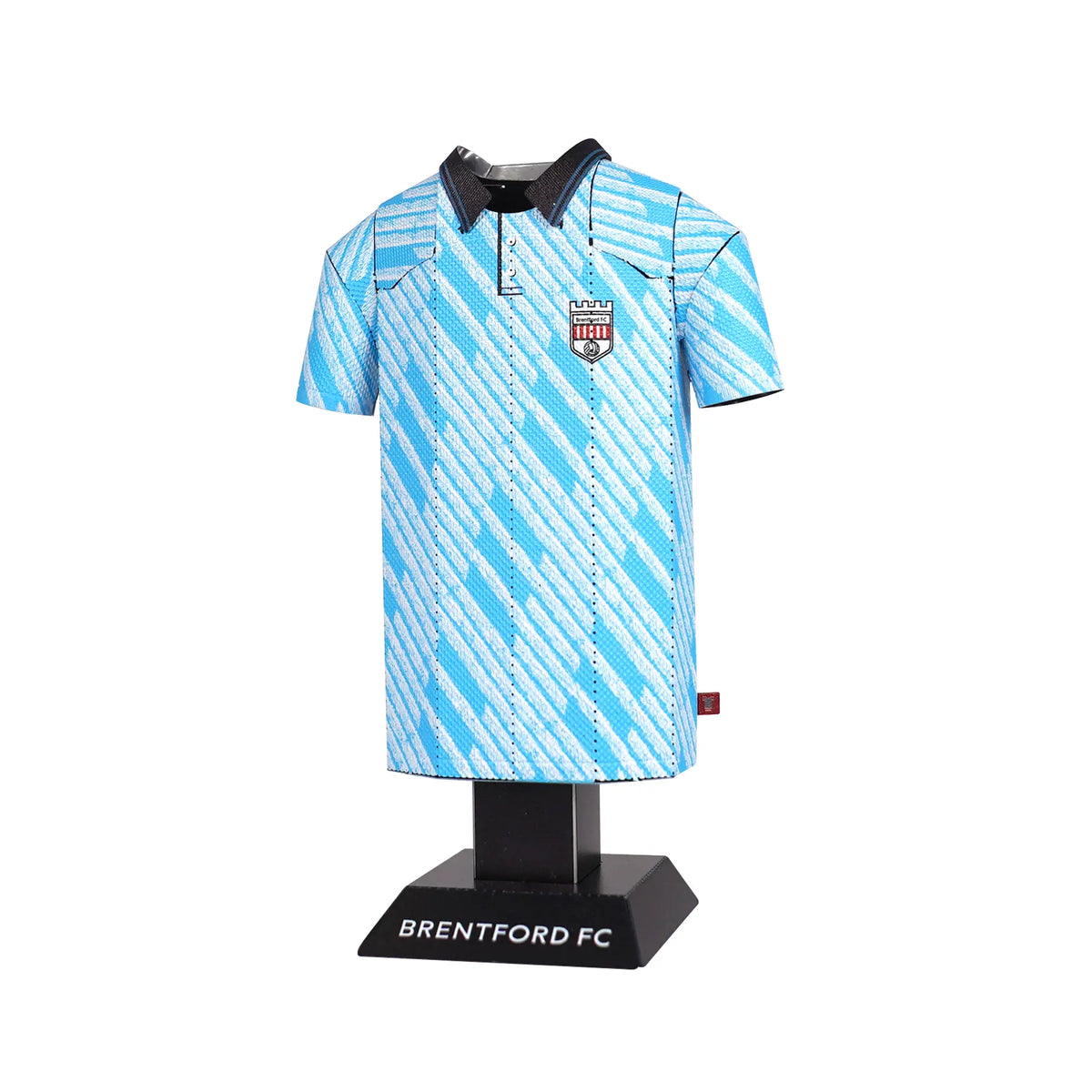 Blue and white striped sports jersey on a black stand with 'Brentford FC' branding.